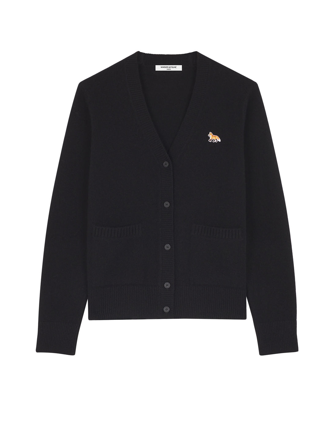 Wool melange cardigan with iconic embroidered logo patch on the front