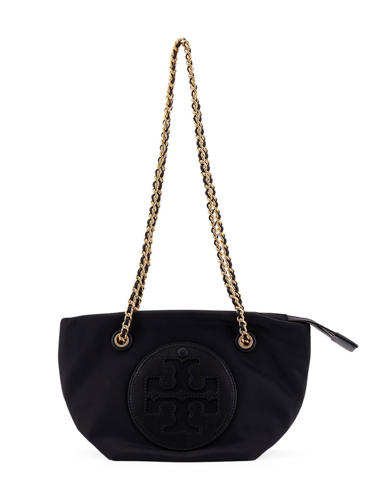 Nylon shoulder bag with frontal leather logo