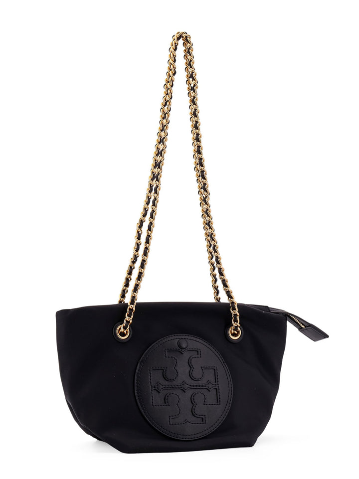 Nylon shoulder bag with frontal leather logo