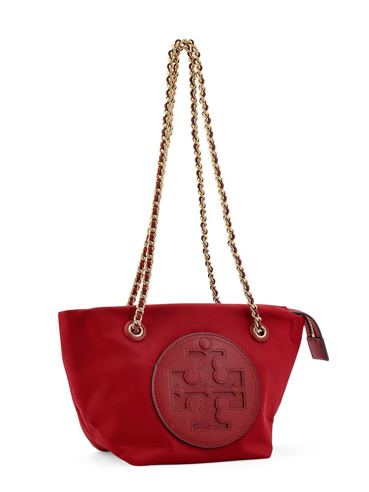 Nylon shoulder bag with frontal leather logo