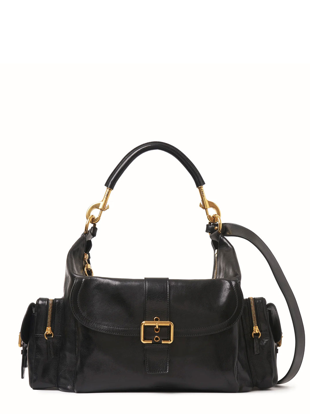 Leather shoulder bag with iconic golden buckle on the front