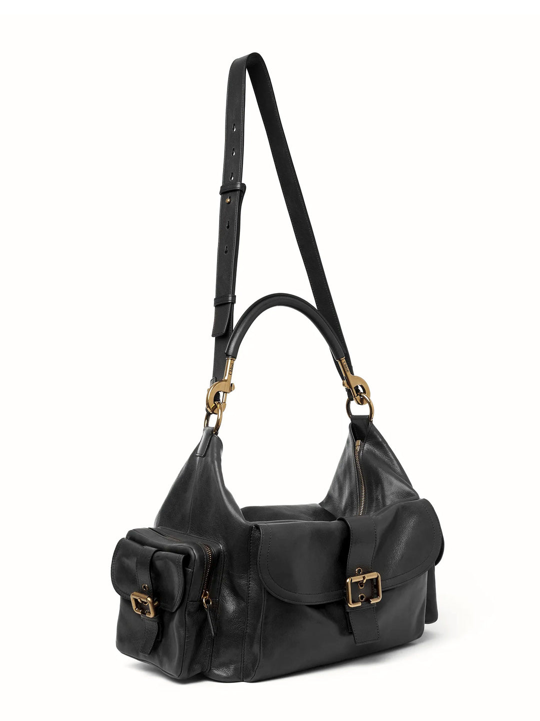 Leather shoulder bag with iconic golden buckle on the front