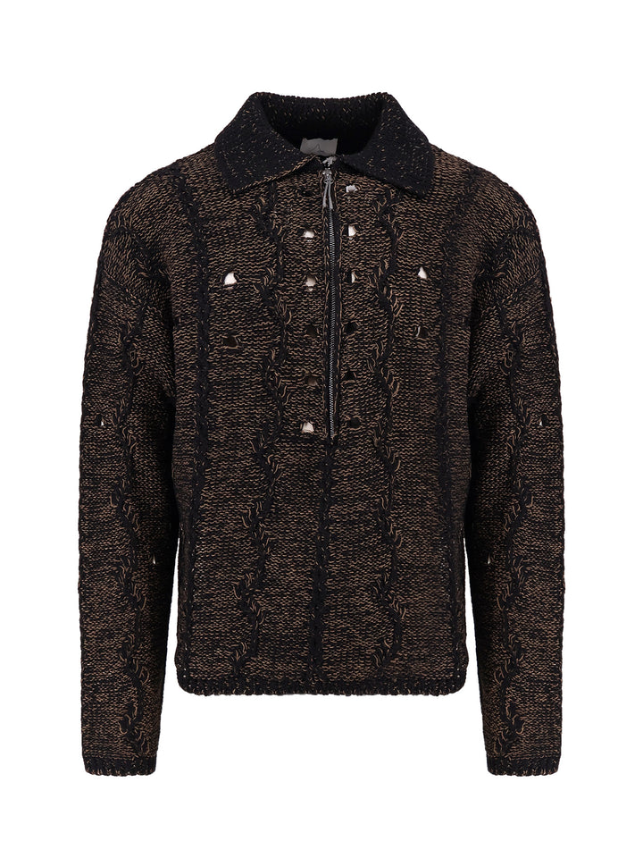 Wool and hemp polo shirt with long sleeve with embroideries and half zip