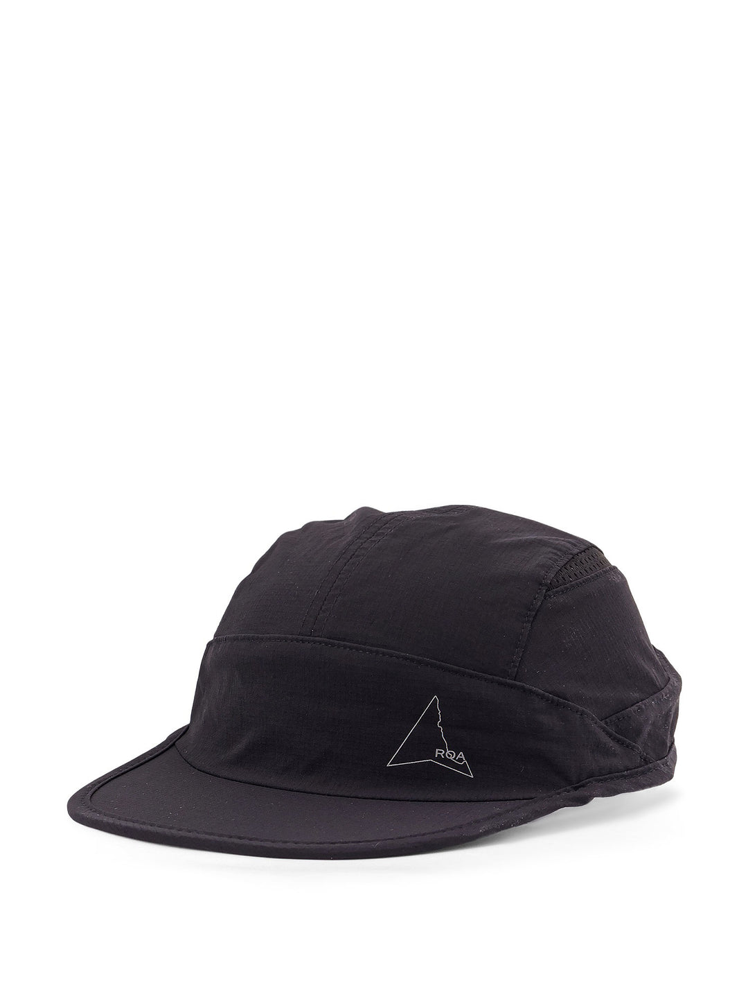 Technical fabric peaked hat with perforated fabric inserts