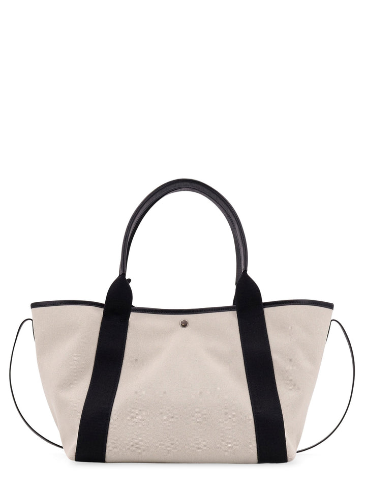 Natural cotton shoulder bag with leather profiles and logo on the front