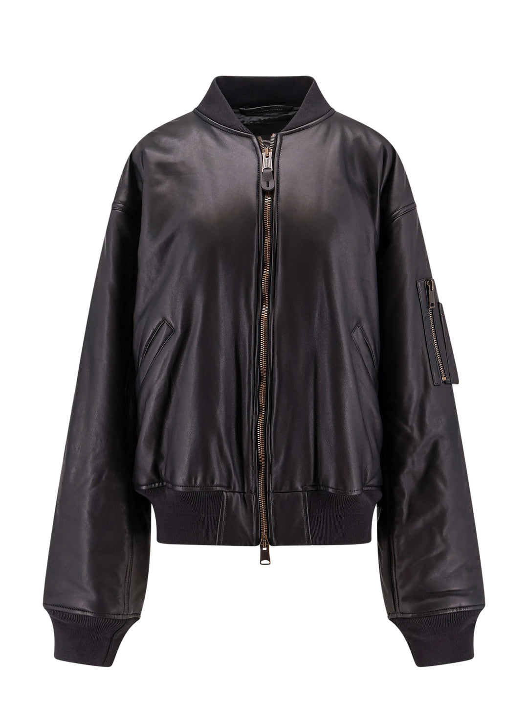 Leather jacket with cargo pocket detail on the sleeve