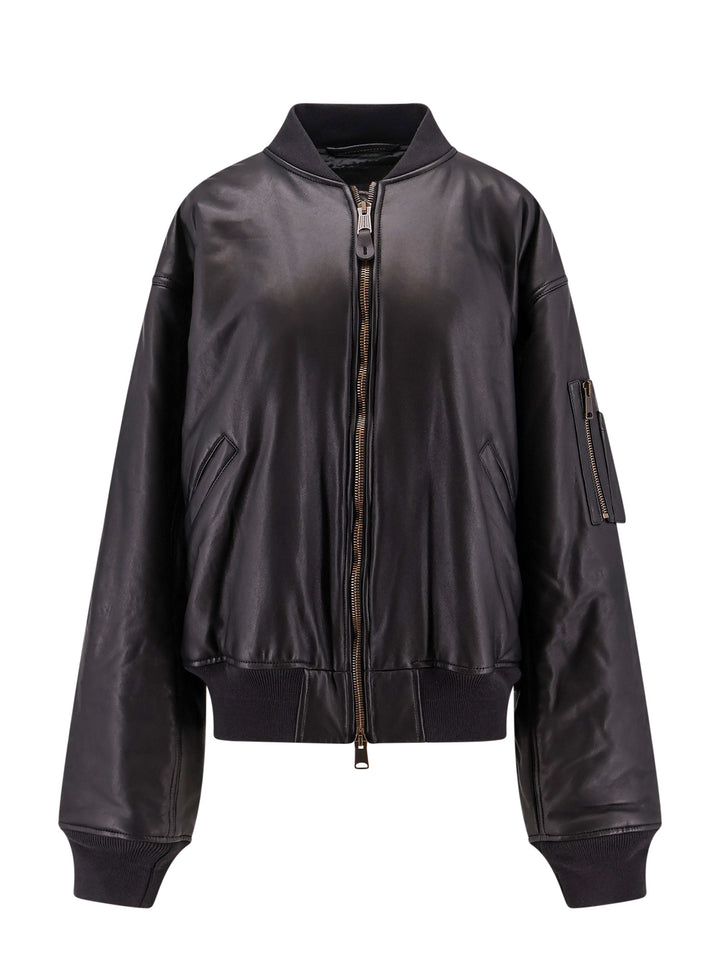 Leather jacket with cargo pocket detail on the sleeve