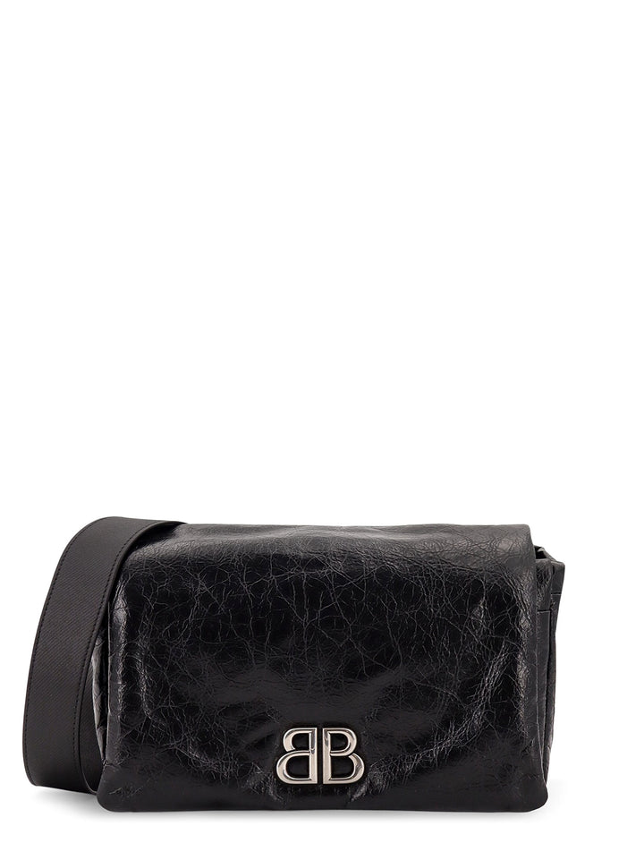 Leather shoulder bag with metal monogram