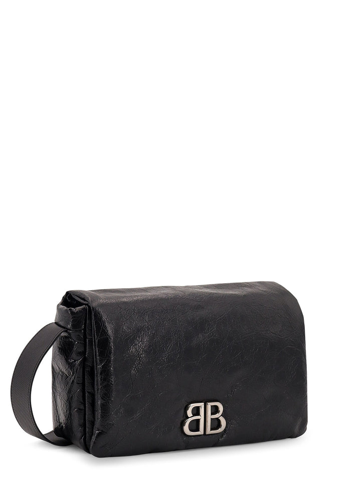 Leather shoulder bag with metal monogram