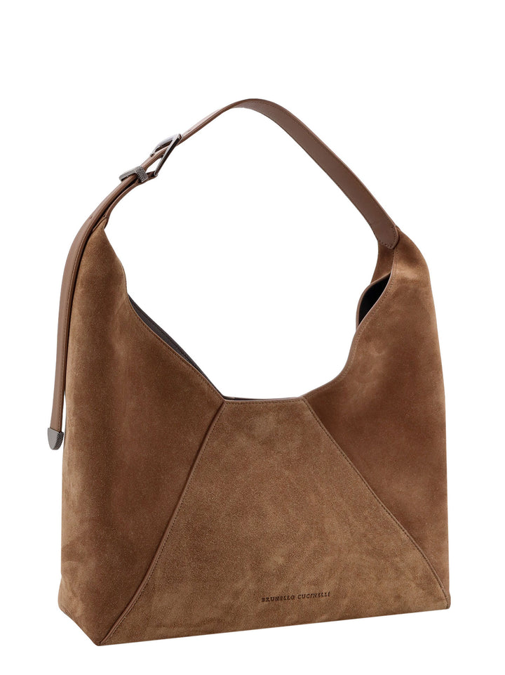 Suede shoulder bag with engraved logo