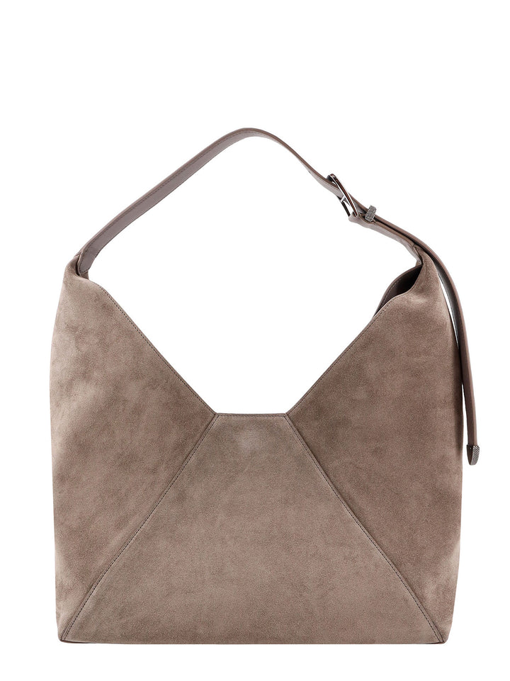 Suede shoulder bag with engraved logo