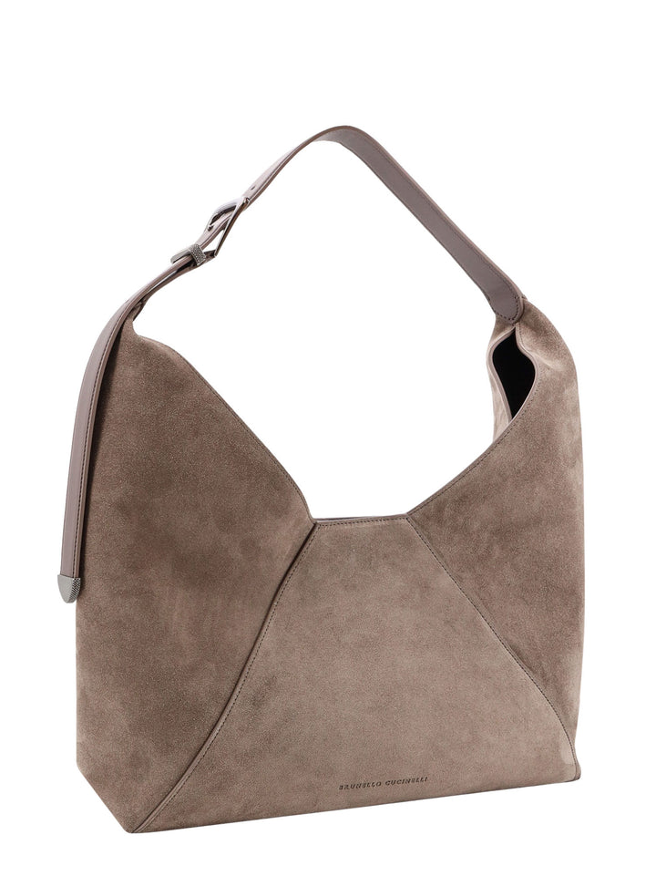 Suede shoulder bag with engraved logo