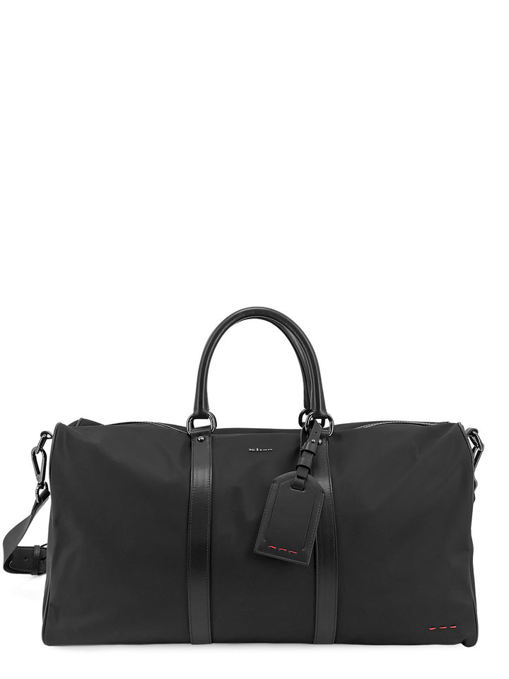 Nylon duffel bag with leather inserts