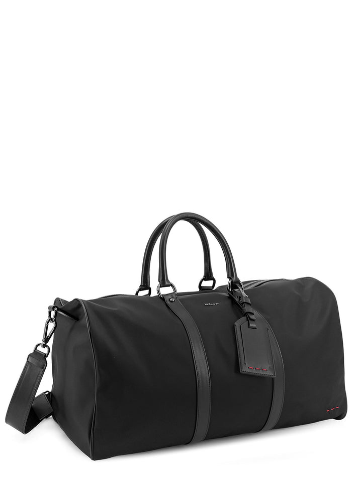 Nylon duffel bag with leather inserts