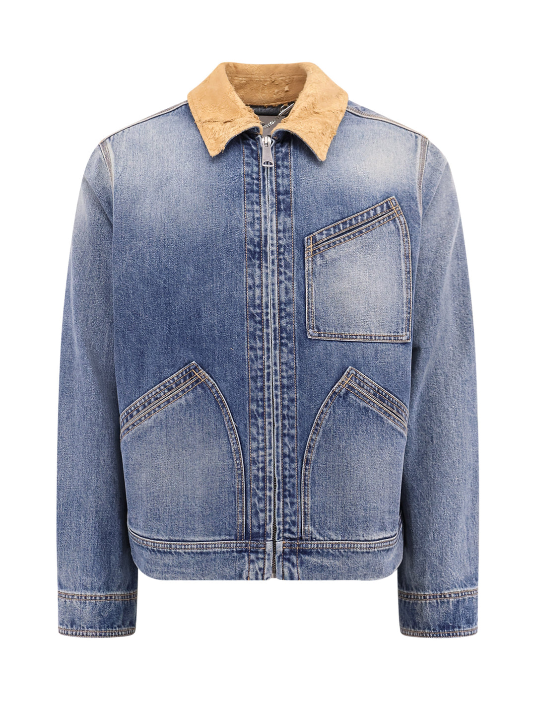 Washed Blue ddenim jacket with suede collar