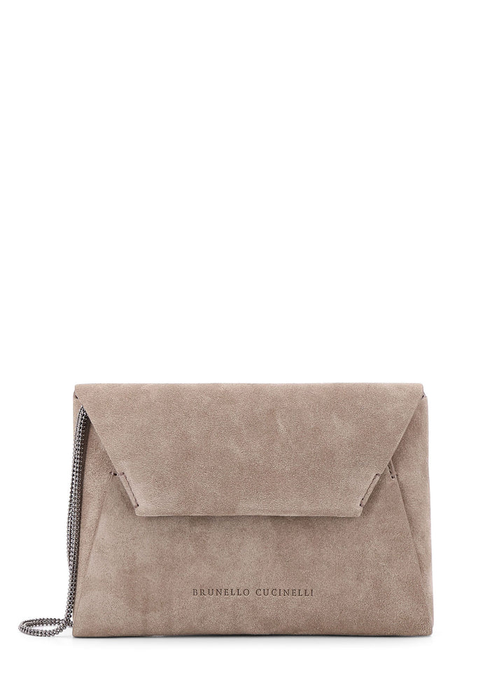 Suede clutch with engraved logo on the front