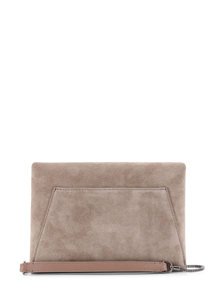 Suede clutch with engraved logo on the front