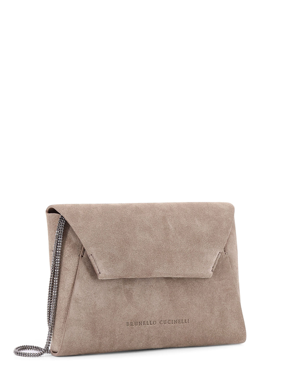 Suede clutch with engraved logo on the front