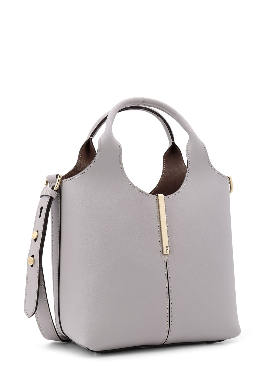 Leather handbag with metal detail on the front