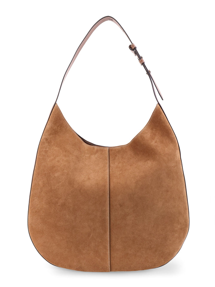 Suede and leather shoulder bag with frontal logo patch