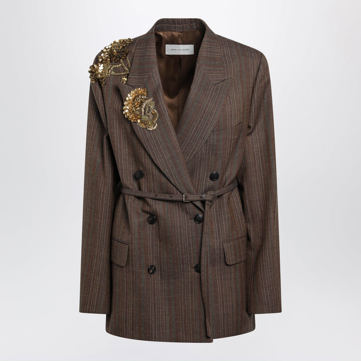 Dries Van Noten Brown Pinstripe Jacket With Sequin Embroidery