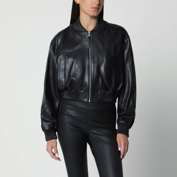 Black Hannah Cropped Leather Bomber Jacket