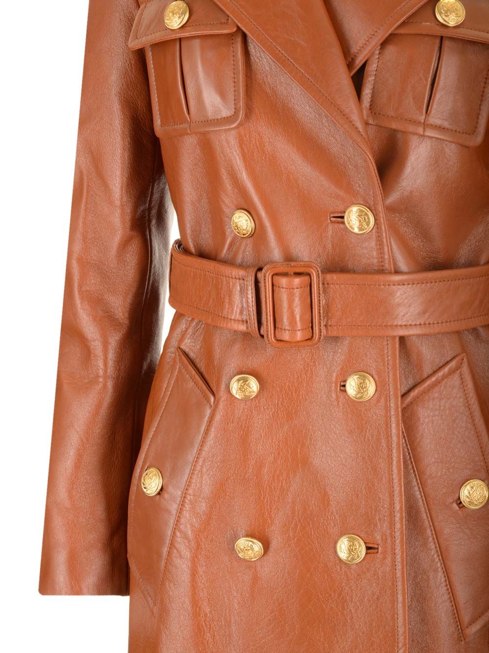 Chloe' Leather Military Trench Coat Jackets - Brown | 3cd417c081a19ba66d01195d1887ec6b4e2a997f
