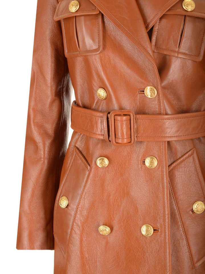 Chloe' Leather Military Trench Coat Jackets - Brown | 3cd417c081a19ba66d01195d1887ec6b4e2a997f