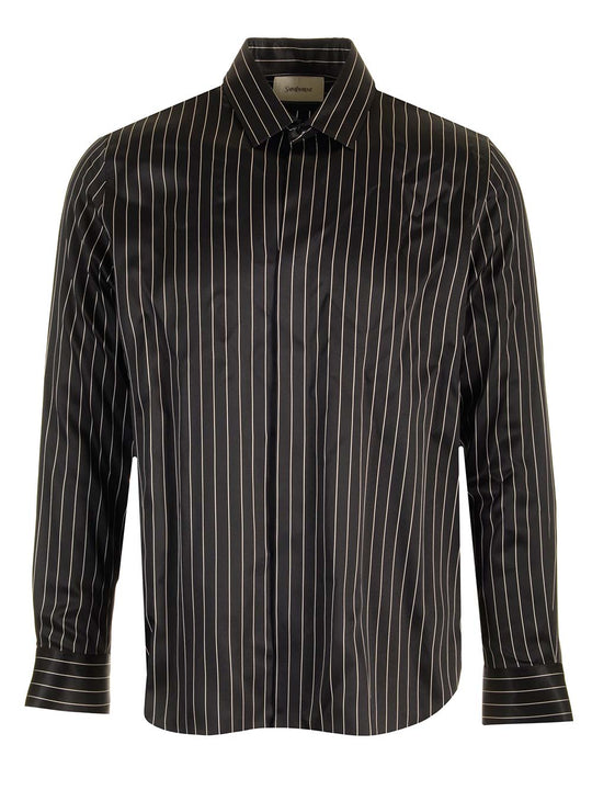 Striped Silk Satin Shirt Shirts Black