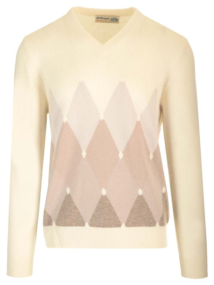 Ballantyne Double Yarn Cashmere Diamond Sweater Knitwear - White | 0de2ef66aa7b136ea868cfb06d9b11a445baae3e