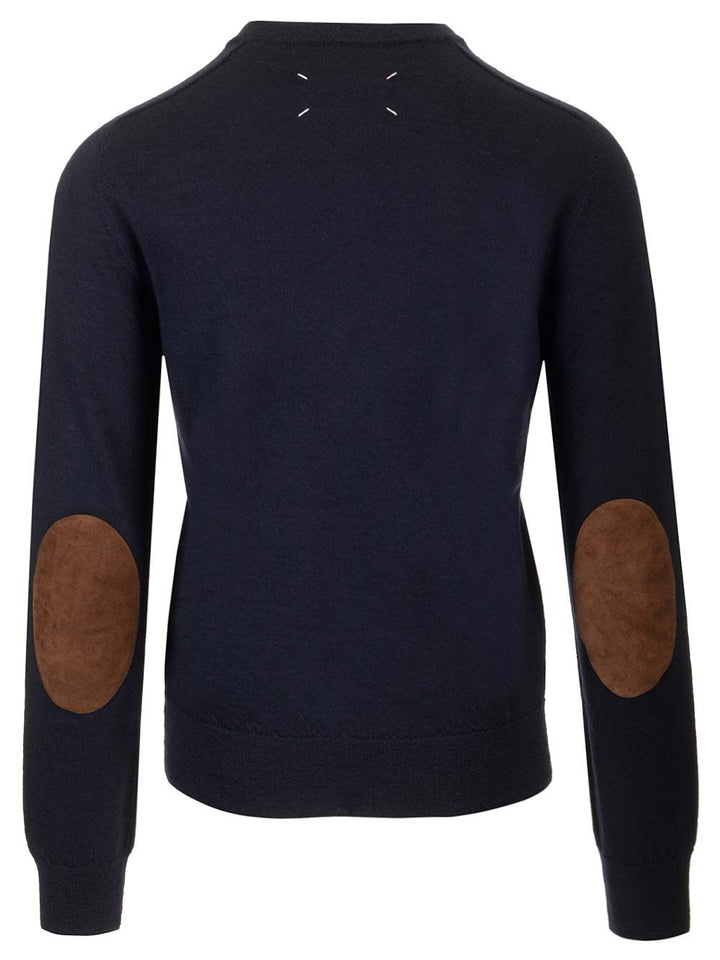Maison Margiela Sweater With Suede Patches Knitwear - Blue | 43e03e8e44f6e10779bb1e4304c7671741dbe929