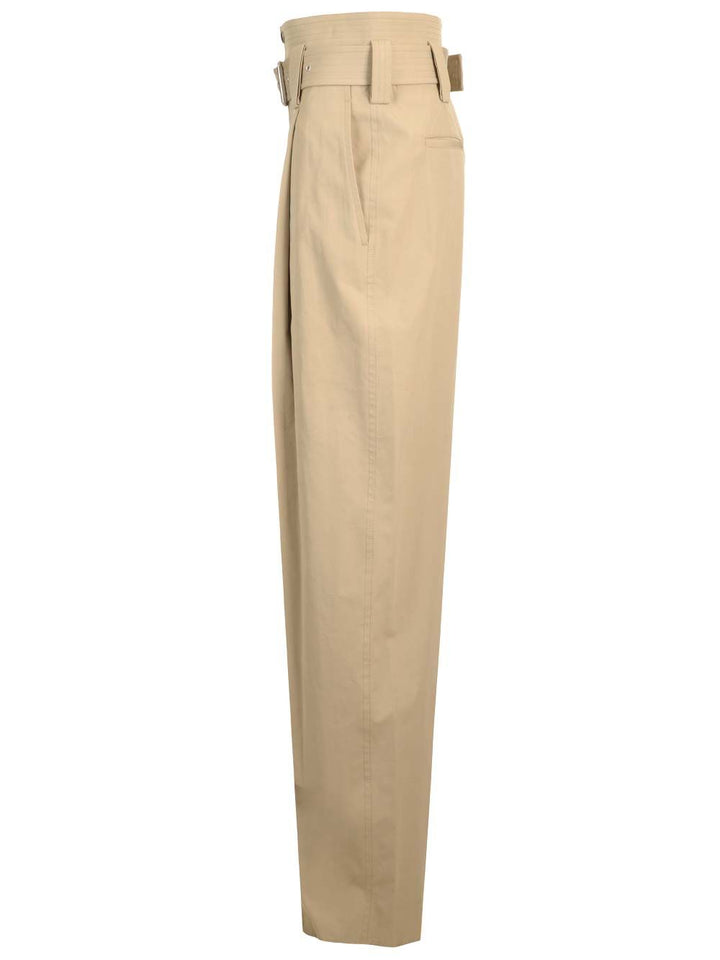 Bottega Veneta High-Waisted  With Cotton Belt Trousers - Beige | 294da8587f0198f7af68c3eb113b0728ad78e7d8