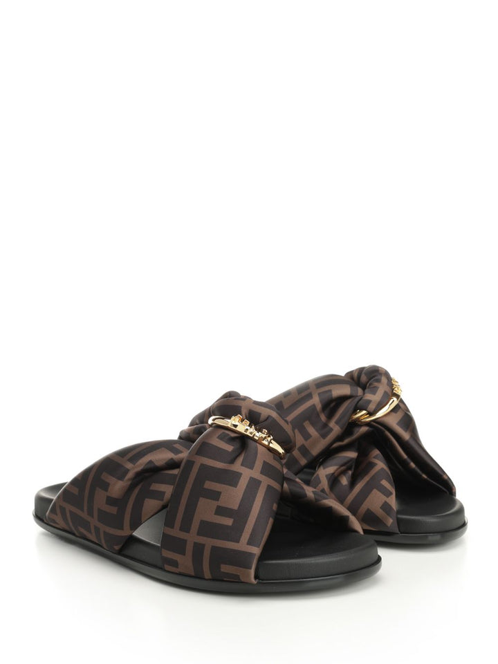 Fendi Flat Slide In Satin Sandals - Brown | ae094e280356fcffdad2c30c05924f946003f7ec