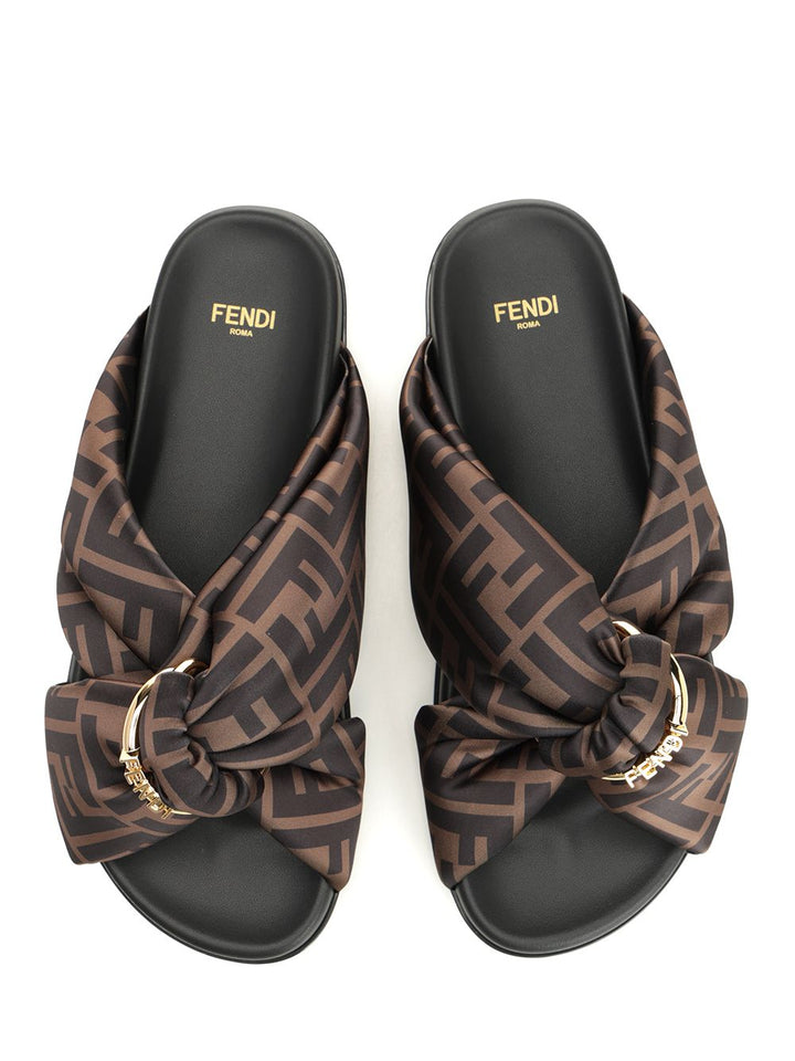 Fendi Flat Slide In Satin Sandals - Brown | 0af7d1925f1effd9c69c2eaa3a63cfb175d2a001