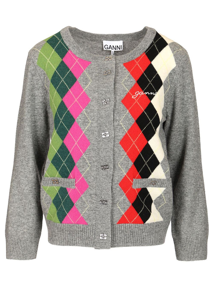 Ganni Checked Cardigan Knitwear - Grey | d7006bfa77717074ad15d07455906c1dd75f6172
