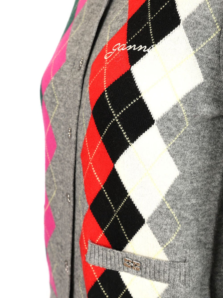 Ganni Checked Cardigan Knitwear - Grey | ec24cd05c084b4171a22051aeb695122331ed415