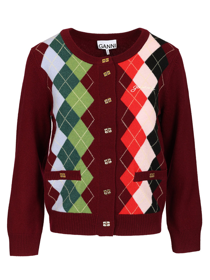 Ganni Checked Cardigan Knitwear - Bordeaux | 5bea3d13767f2dcfa1172d1be3837c85a5eebc9b