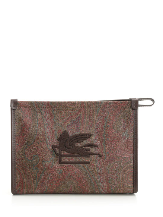 Etro Medium Paisley Jacquard Pouch With Pegaso Detail - Wp2c0007 Small Leather Goods Brown