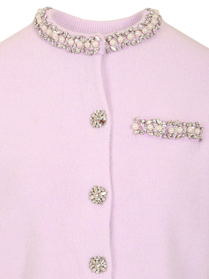 Self-Portrait Crystal Trim Cardigan Knitwear - Violet | 47c04175507c73c53176343cb914060271fc1323