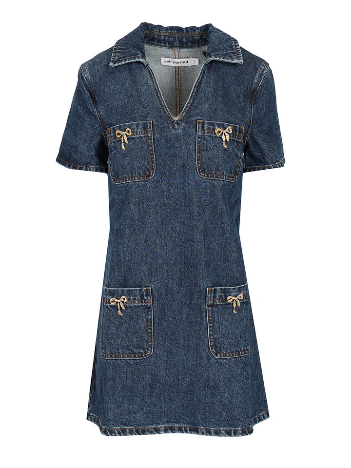 Self-Portrait Crystal Bow Denim Mini Dress Dresses - Blue | 796b3cf13e4523212adf04ac59097a6982553218