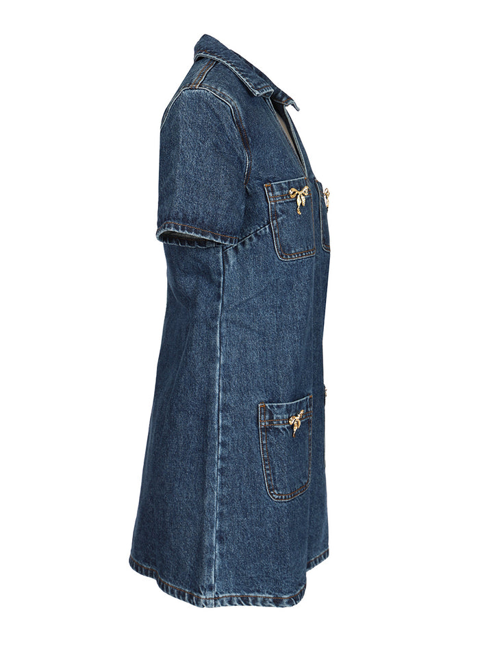 Self-Portrait Crystal Bow Denim Mini Dress Dresses - Blue | 7295f59ef4fd76145556381f4fcf376af44a5b7f