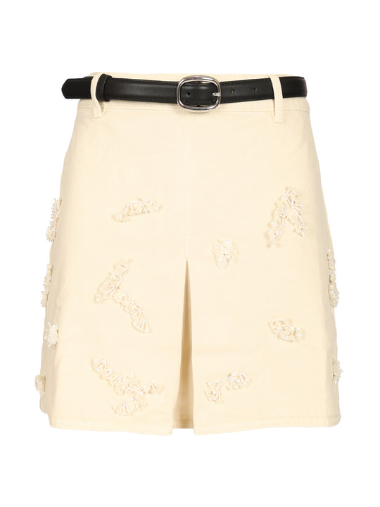 Beaded Floral Denim Mini Skirt Skirts White