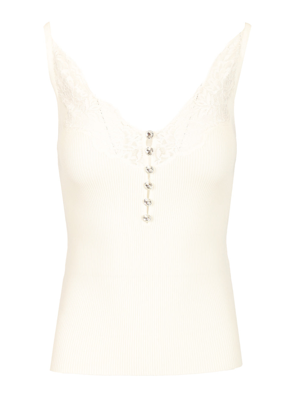 Self-Portrait Lace Rib Knit Top Tops - White | 052a846f57295f67bccbd376672cd2f0a8b622fa