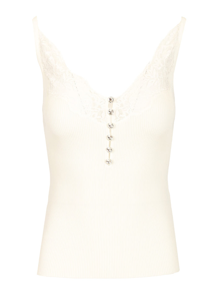 Self-Portrait Lace Rib Knit Top Tops - White | 052a846f57295f67bccbd376672cd2f0a8b622fa