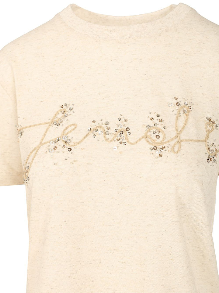 Fendi Cotton And Linen T-Shirt - Beige | 3275140c2ace5b20ef8fbae9b883a48f19fddf42