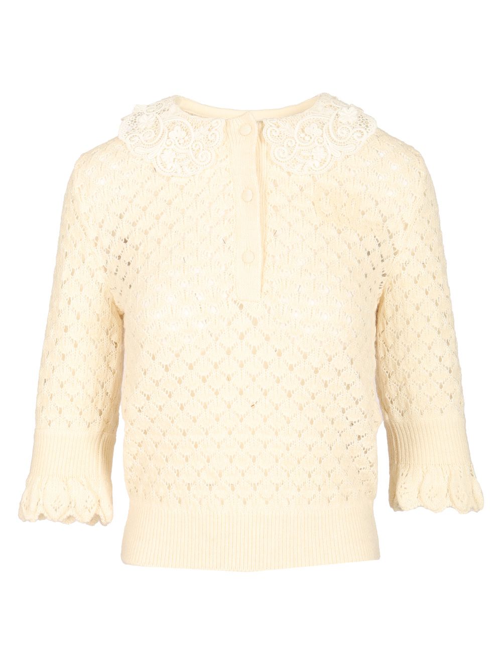 Chloe' Pointelle Mungit Crew Neck Knitwear - White | ff6f9efb8d8694a1fe0b968de904de5e687bf71f