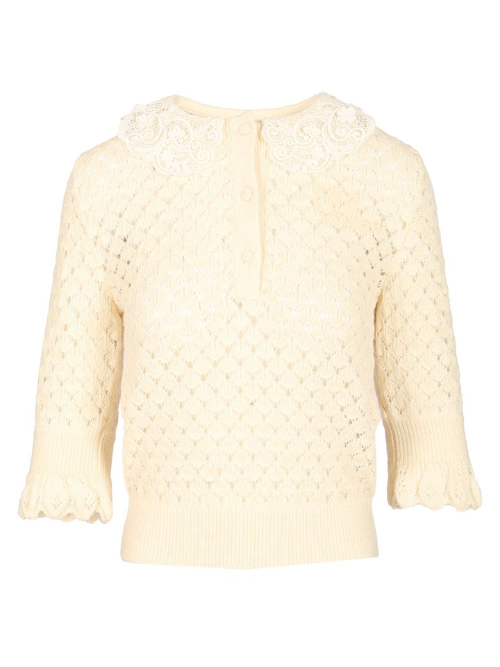 Chloe' Pointelle Mungit Crew Neck Knitwear - White | ff6f9efb8d8694a1fe0b968de904de5e687bf71f
