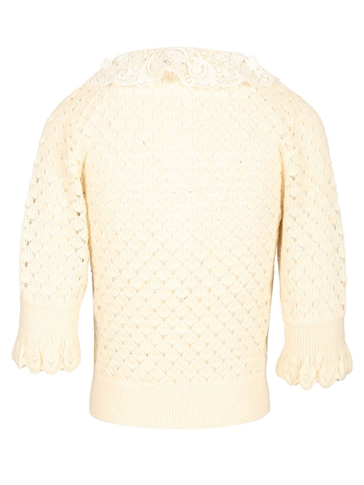 Chloe' Pointelle Mungit Crew Neck Knitwear - White | 39c1fcd69a5f13027ff4cb81cd8f41a83590c948