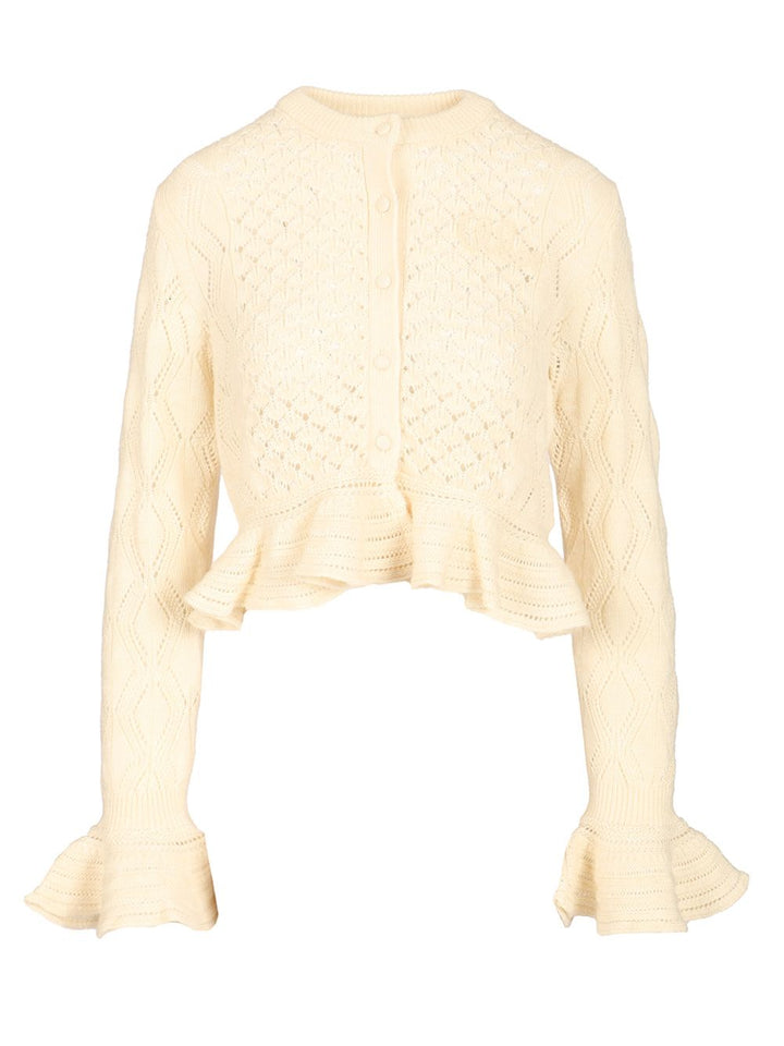 Chloe' Cardigan With Logo And Ruffle Knitwear - White | 3d50c8a499452fa0dfa881d44b8683a0037e2b75