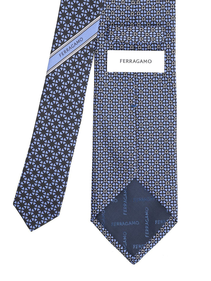 Ferragamo Silk Tie With Gancini And Hearts Print Ties And Bow Ties - Blue | 95f7b3408ad580f5a9443e50b3b674479968b591
